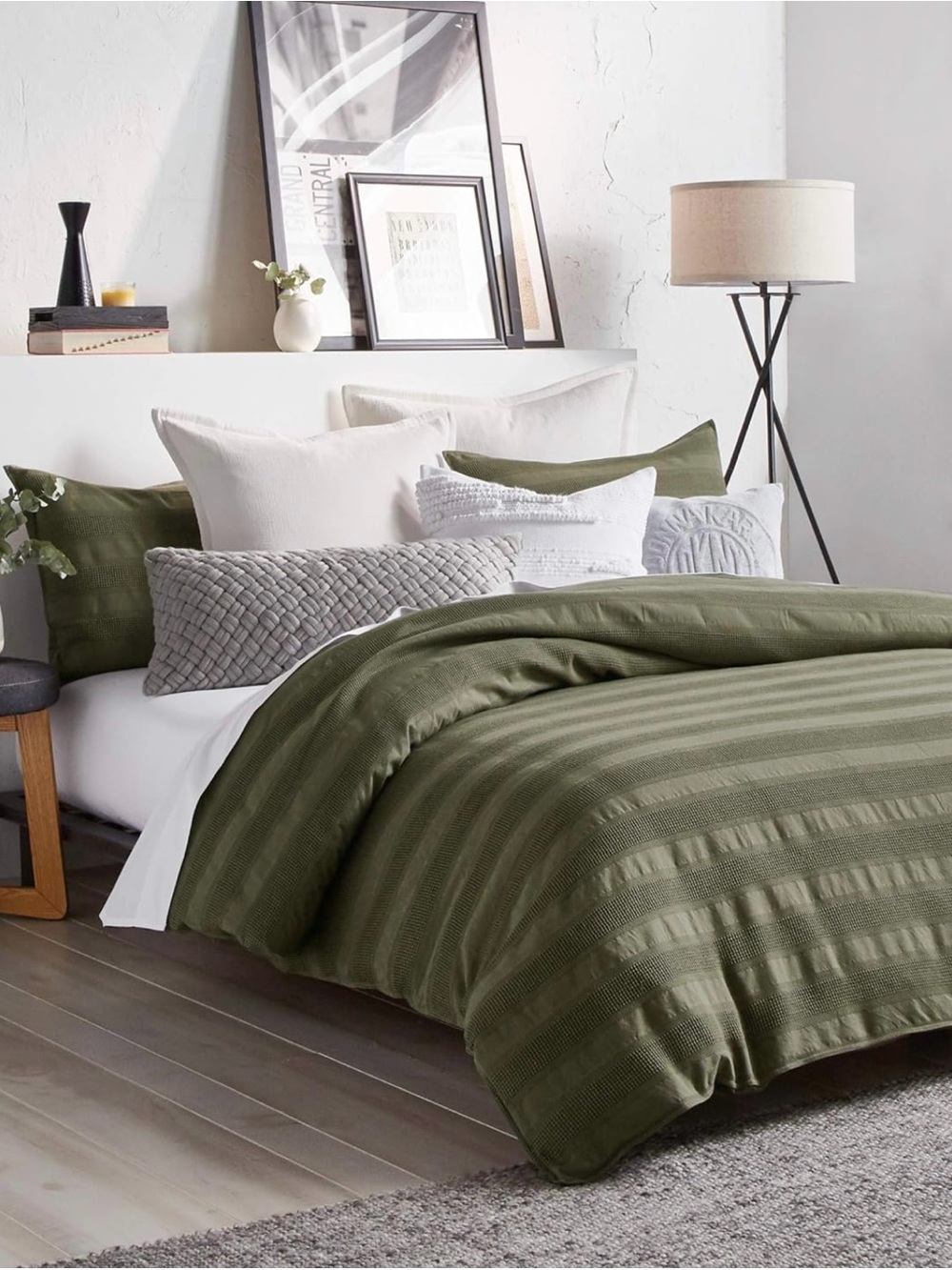 Organic DKNY Pure Avenue Stripe King Duvet Cover Olive Green Cotton Woven Waffle